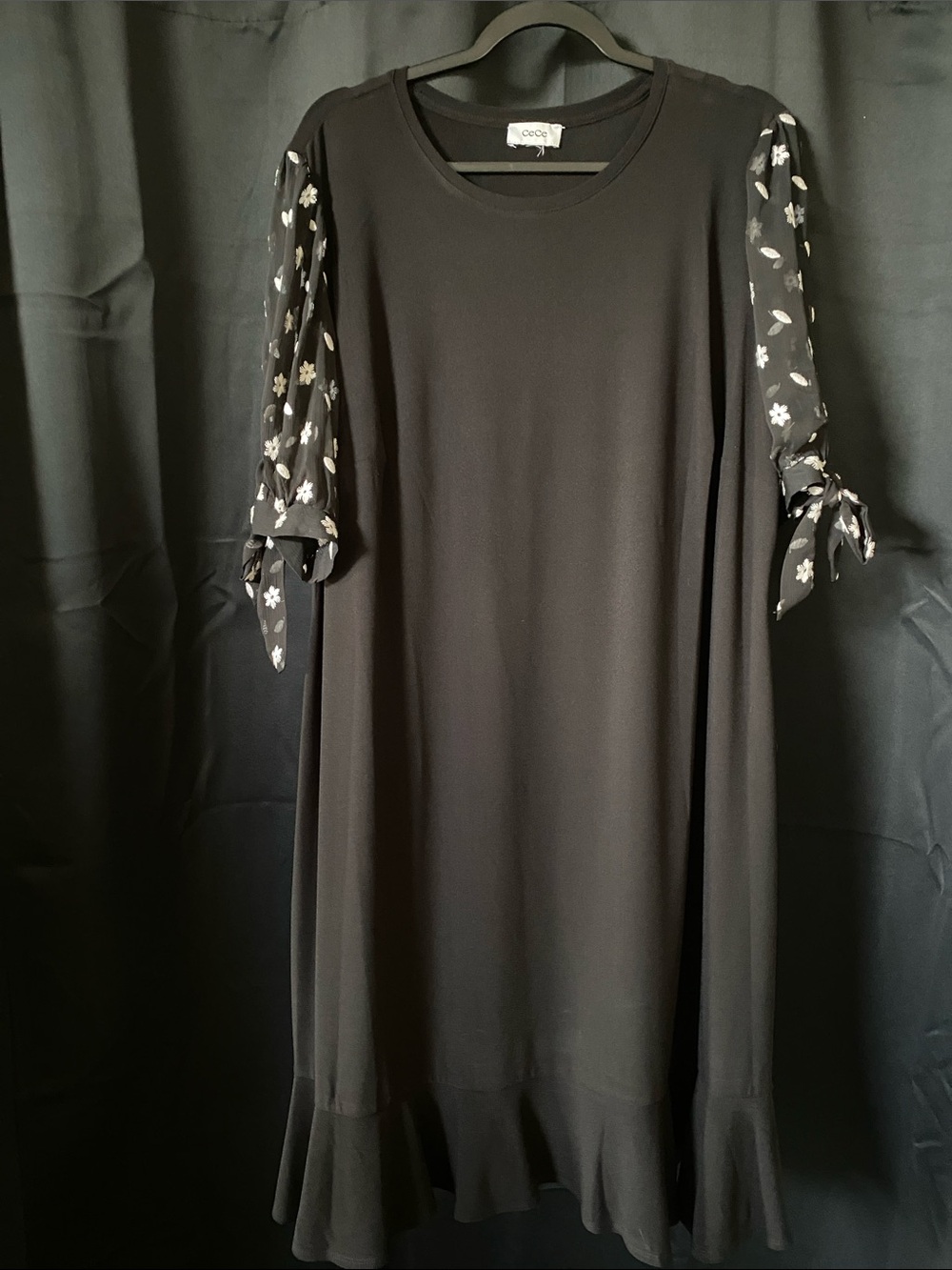 CeCe Black Dress with Floral Sheer Tie Sleeves